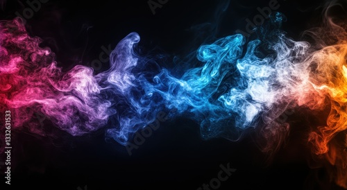 A vibrant explosion of colorful smoke and paint, swirling in the air against an abstract black background