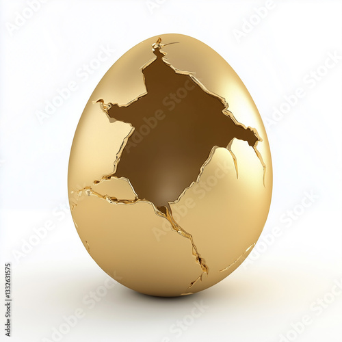 Złote, pęknięte jajo jakby właśnie wykluł się z niego smok albo inny baśniowy stwór. A golden, cracked egg as if a dragon or other fairy-tale creature had just hatched from it.