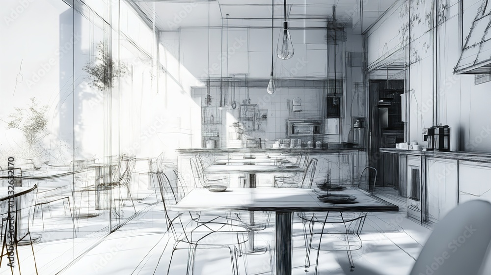 Interior sketch of a bright restaurant with tables chairs and kitchen in the background Interior sketch of a bright restaurant with tables chairs and kitchen in the background