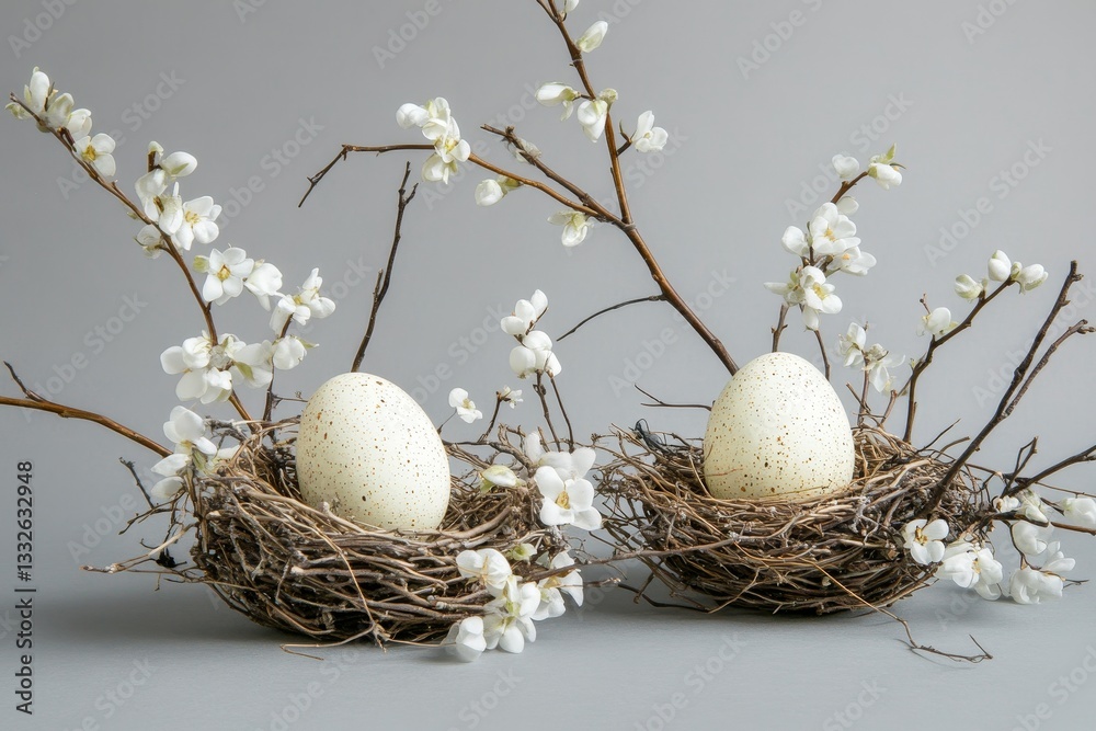 Obraz premium Two speckled Easter eggs in bird nests, adorned with blooming branches.