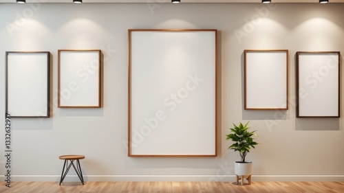 Modern minimalist gallery wall with blank frames and small plant