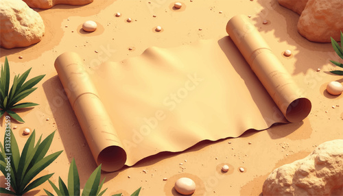 Ancient papyrus scroll resting on sandy desert surface, exploration