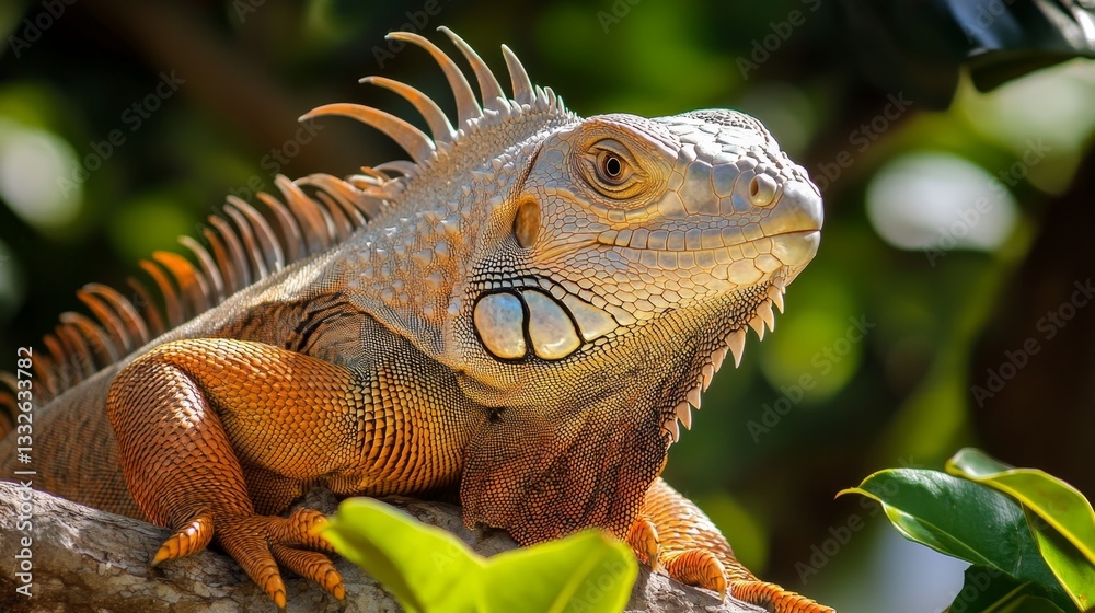 Obraz premium Iguana basking backyard gigapixel image sunny environment close-up iguana's scaly skin