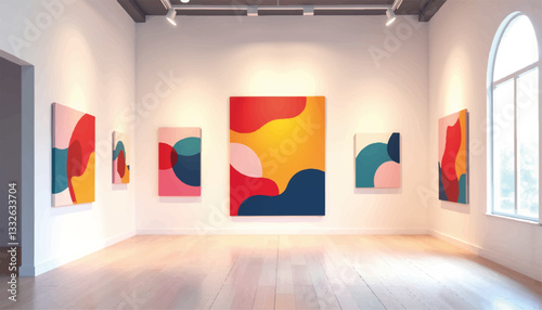 Vibrant geometric art installation in spacious gallery, modern aesthetics