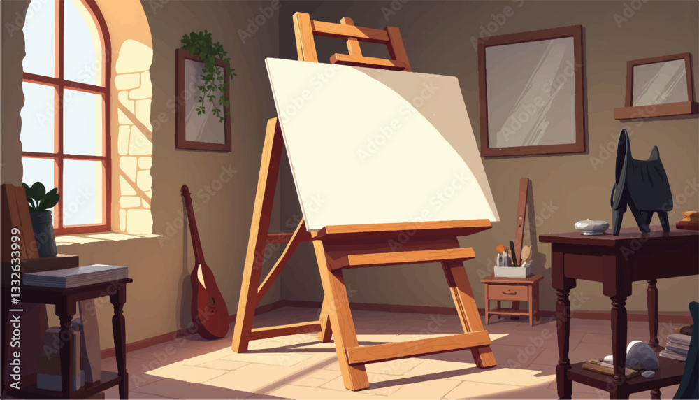 Fototapeta premium Artistic workspace with easel and supplies, creativity inspiration