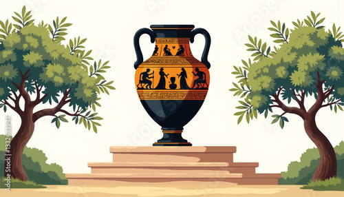 Ancient Greek amphora displayed on marble pedestal, mythological artistry