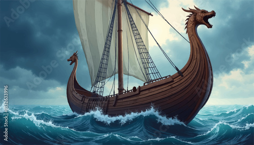 Viking longship sailing through stormy seas, adventure and mythology