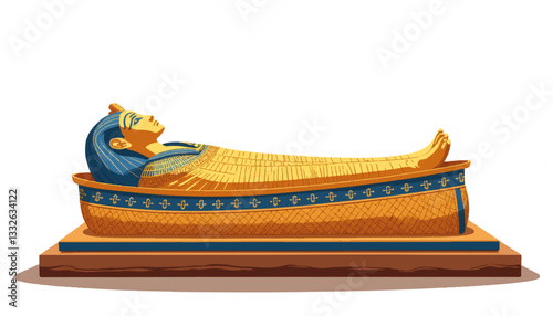 Ancient Egyptian sarcophagus display with geometric patterns, historical art