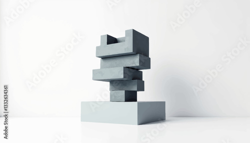 Contemporary concrete sculpture in gray colors on white base, abstract art