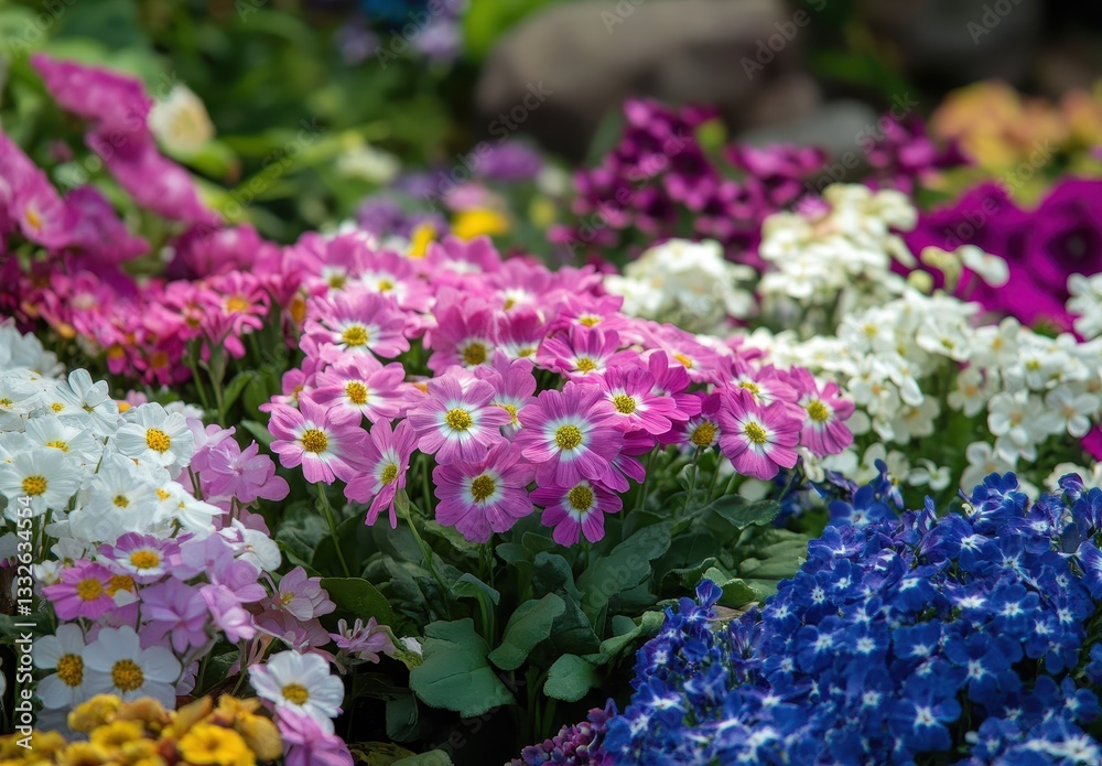 Obraz premium Colorful assortment of blooming flowers in a vibrant garden showcasing pink, white, and blue petals under natural sunlight in a lush green setting