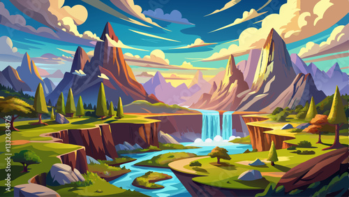A fantasy landscape featuring towering mountains, winding rivers, and numerous waterfalls. Fluffy clouds fill the sky, with the sun shining brightly in the background