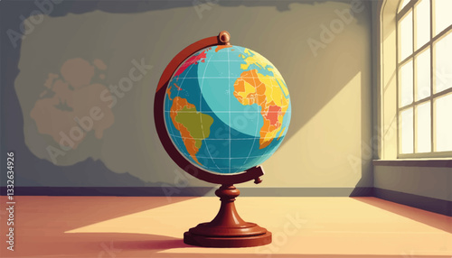 Vintage globe illustration on wooden stand in museum room, exploration