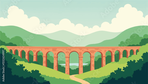 Roman aqueduct spanning green valley under scattered clouds, architectural beauty