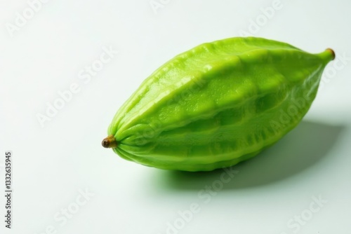 Intact green cocoa leaf, smooth surface, clean white backdrop , cocoa, theobroma cacao photo