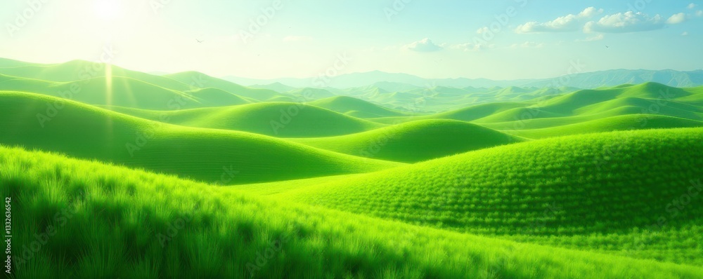 Obraz premium Rolling hills of emerald grass, soft light, abundant growth , field, scenic