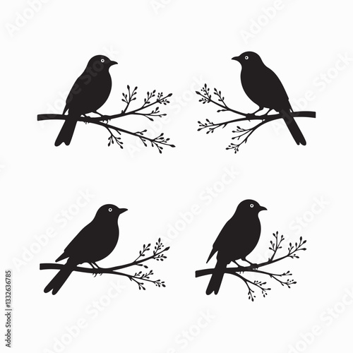 Wallpaper Mural Set of Birds on tree branch black silhouettes vector art Torontodigital.ca