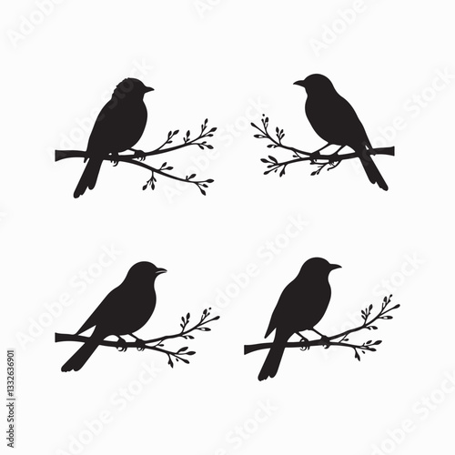 Wallpaper Mural Set of Birds on tree branch black silhouettes vector art Torontodigital.ca
