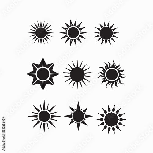 set of black and white sun, Vector big black sun icons