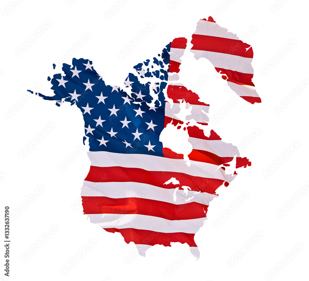 Alternate map of Greater United States including Canada, Greenland and Panama, North America under US flag, isolated on white or transparent background, png cut out
