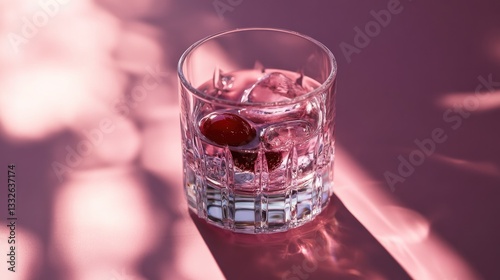 Glass filled with ice and vibrant pink drink, garnished with ber