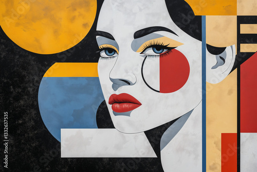 Retro, graphic and fashion illustration for pop art, identity or editorial style. Colorful portrait of woman with red lips and abstract background shapes in vintage tone and bold contrast