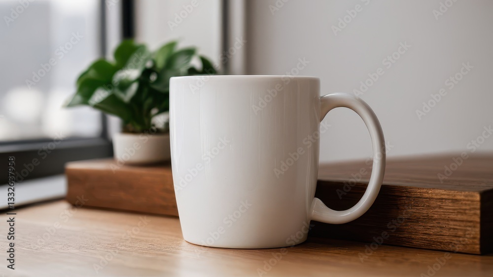 Fototapeta premium Minimalist coffee mug mockup on a wooden table in a modern workspace.