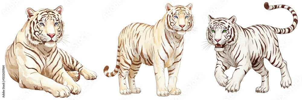 Obraz premium White tiger illustrations in various poses, watercolour style clipart collection isolated on a transparent background