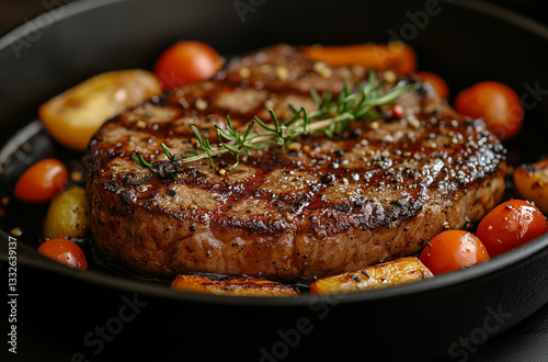 A plate of food with a piece of steak and tomatoes.