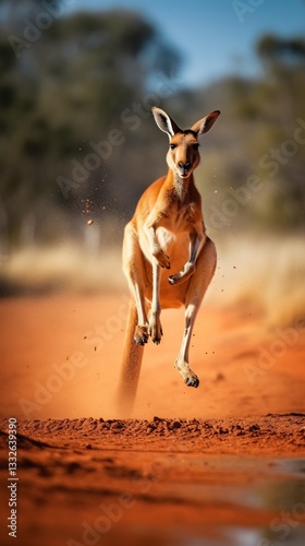 Red kangaroo executing powerful leap over dry creek bed muscle tensed mid air every sinew visible beneath fur deep blue sky serf striking backdrop enhancing sense of height motion Fine dust particle