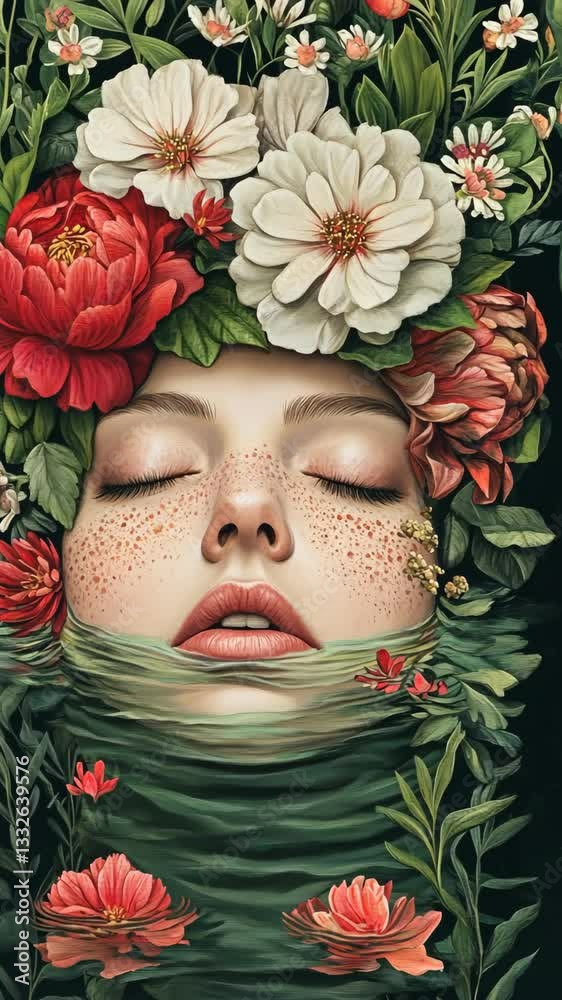Beauty emerges from nature with a serene figure surrounded by vibrant flowers in a lush, verdant setting