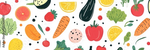 Bright and colorful seamless pattern of fresh vegetables and fruits in modern flat style
