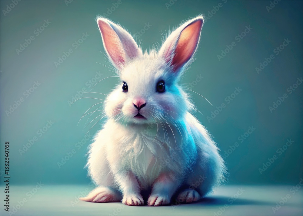 Obraz premium Cute Fluffy White Easter Bunny, Perked Ears, Vintage Photo, Adorable Rabbit