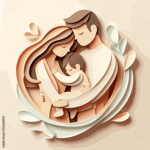 Stylized family illustration of parents embracing child, paper cut art, love and unity concept
