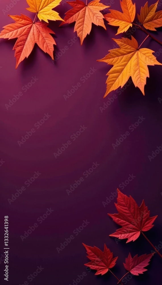 Geometric autumnal leaf arrangement, metallic orange on purple backdrop , abstract pattern, orange Geometric autumnal leaf arrangement, metallic orange on purple backdrop , abstract pattern, orange