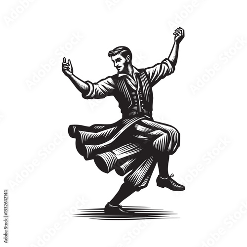 Dynamic monochrome illustration of a man performing a folk dance
