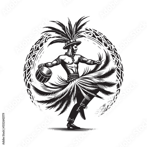 Dynamic Samba Dancer in Elaborate Headdress and Ornamental Circle Woodcut Style