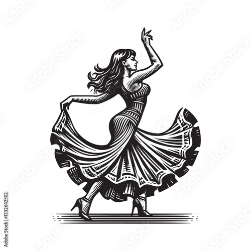 Elegant female dancer in flowing dress, executed in woodcut style illustration