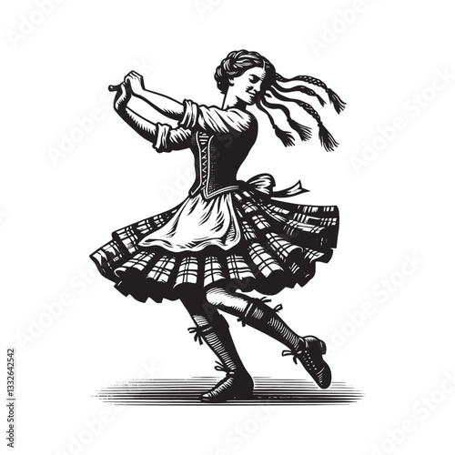 Elegant Highland Dancer in Motion with Traditional Woodcut Style Illustration