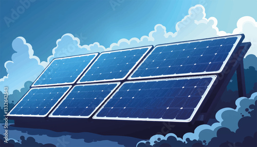 Futuristic solar panel installation in blue environment, renewable energy