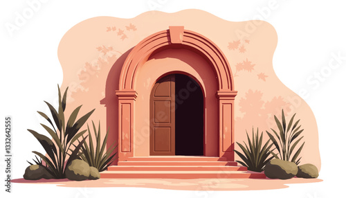 Elegant museum entrance with arched doorway and plants, artistic design
