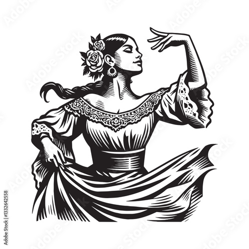 Elegant Folklore Dancer Woodcut Illustration for Cultural Events and Celebrations
