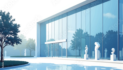 Modern museum entrance with sleek glass facade and sculptures, artistic reflection