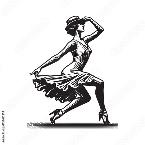 Elegant woman dancing Charleston in retro woodcut style, a stylish visual