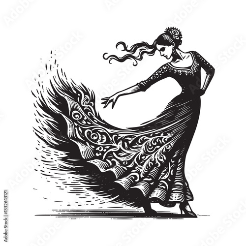Elegant Woman Performing Sevillanas in Artistic Woodcut Style Rendition