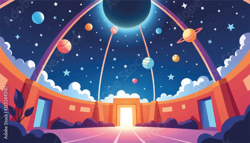 Colorful planetarium dome with stars and planets, cosmic exploration
