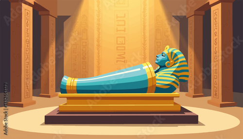 Ancient Egyptian sarcophagus highlighted in museum, cultural heritage
