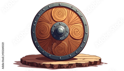 Viking shield with spiral patterns on wooden table, historical symbolism