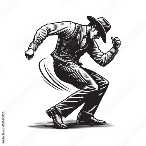 Energetic country dancer illustration in detailed woodcut style artwork