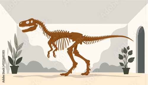 Ancient dinosaur skeleton exhibit in minimalist museum, natural history