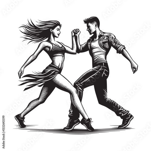 Energetic monochrome dance duo executing dynamic synchronized movement in woodcut style